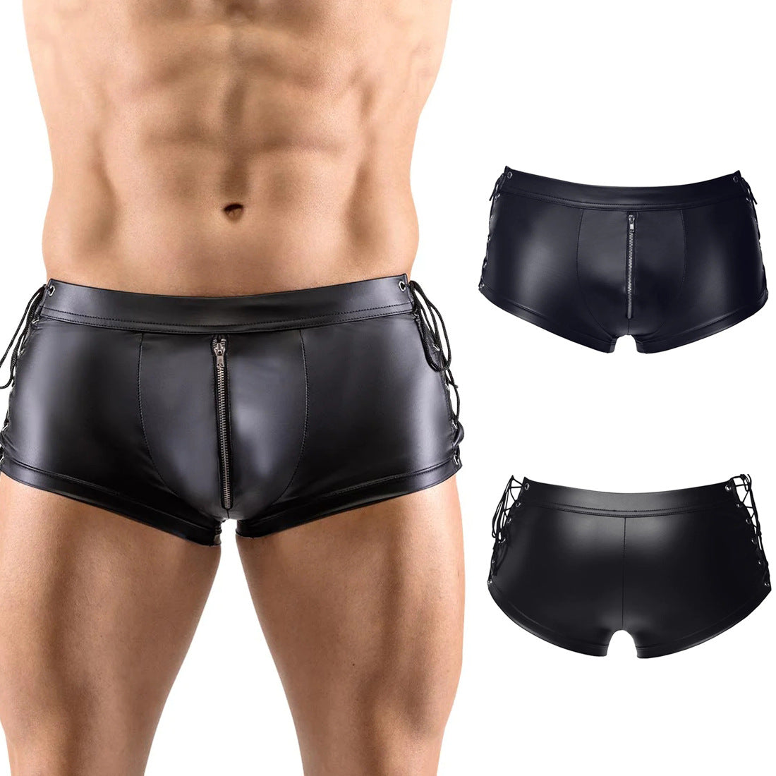 Sexy Faux Leather Zipper Bandaged Boxers