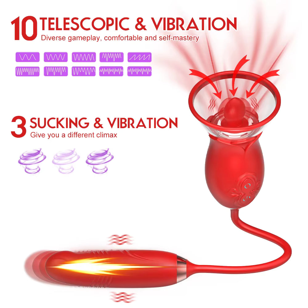 2 in 1 Silicone Red Rose Sucking Vibrator Sex Toy
