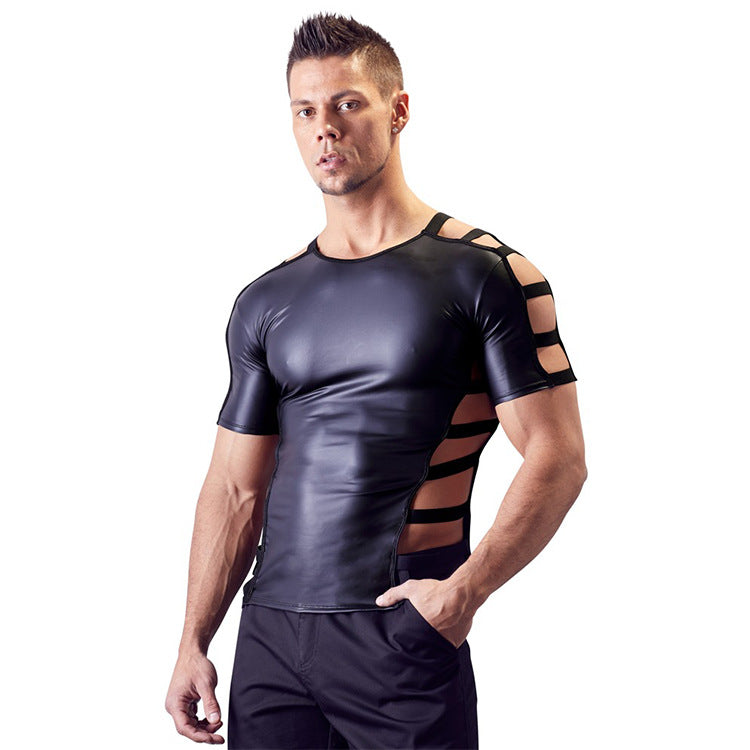 Men Hot Patent Leather Hollowed-out T-shirt
