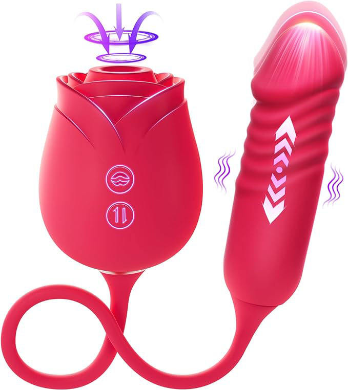 Adult Rose Vibrator 2 in 1 Love Egg with Dildo Masturbator Licking Ball Retractable Rod Vibrator