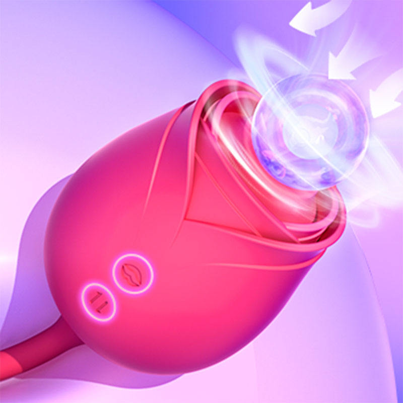 Adult Rose Vibrator 2 in 1 Love Egg with Dildo Masturbator Licking Ball Retractable Rod Vibrator