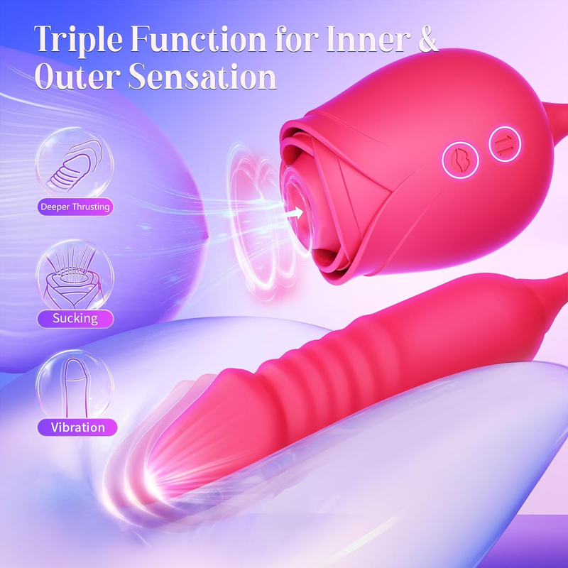 Adult Rose Vibrator 2 in 1 Love Egg with Dildo Masturbator Licking Ball Retractable Rod Vibrator