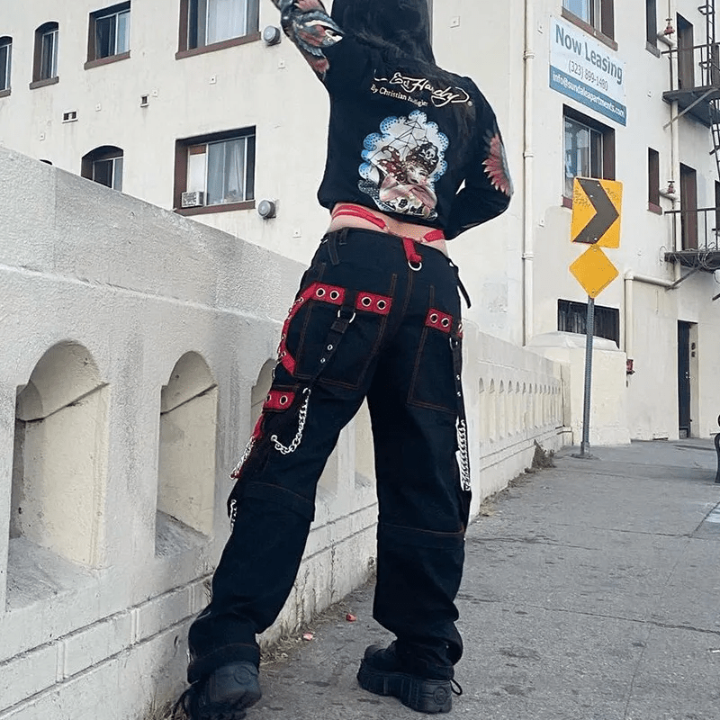 Black Women Personality Gothic Style Loose Casual Chain Pants - Lovetoys wholesales shop