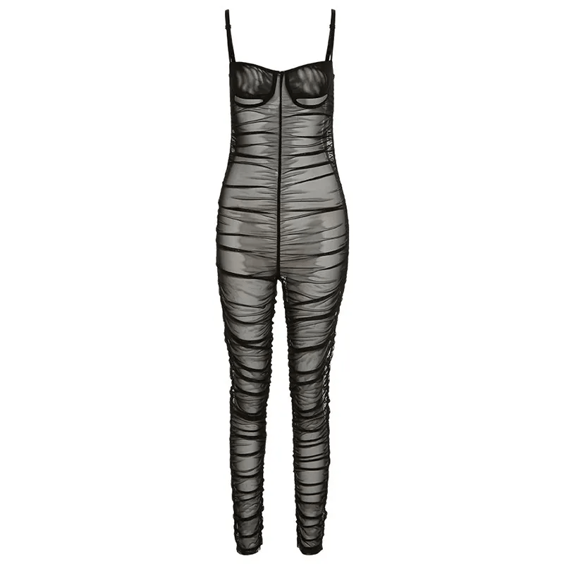 Casual Women Mesh Suspenders Pleated Slim Fit Jumpsuit - Lovetoys wholesales shop