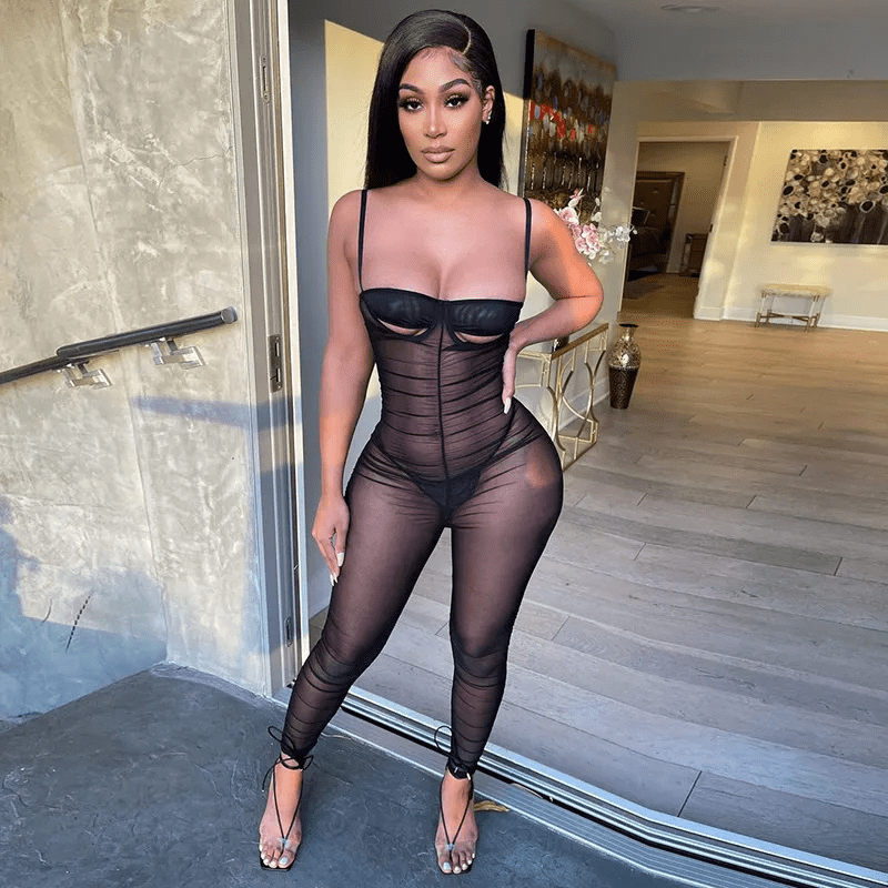Casual Women Mesh Suspenders Pleated Slim Fit Jumpsuit - Lovetoys wholesales shop