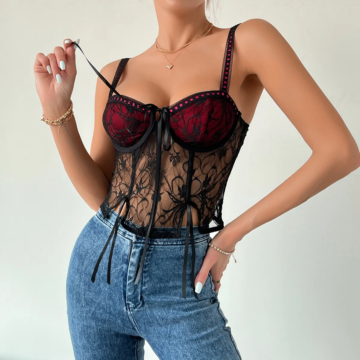 Women Fashion Sexy Elegant Stitching Floral Lace Steel Ring Crop Top