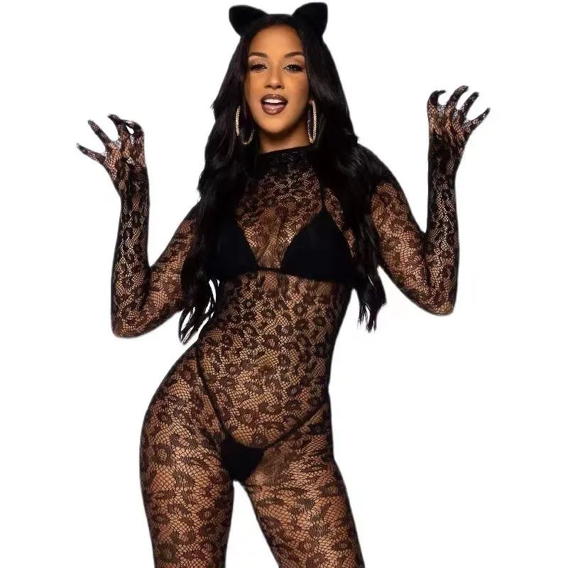 Sexy Lingerie Women Long Sleeve One-Piece Mesh Stockings Leopard See-Through Jumpsuits