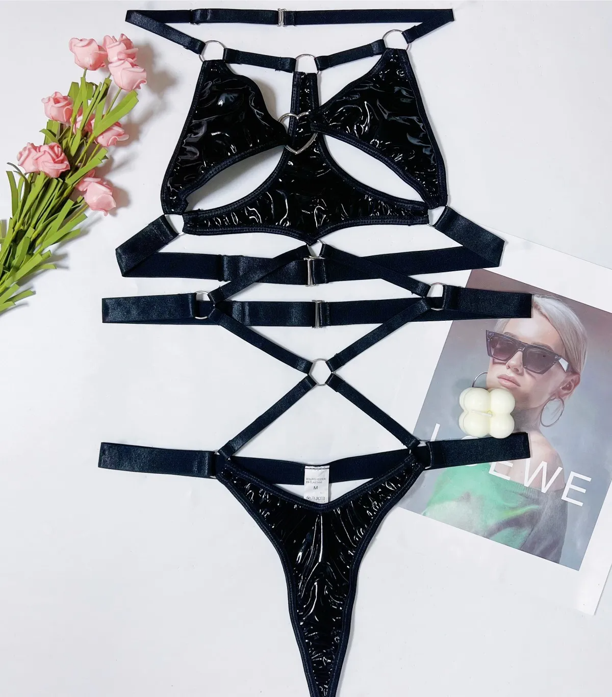 Women Fashion Patent Leather Hollow-Out Strap Bunny Sexy Lingerie Set
