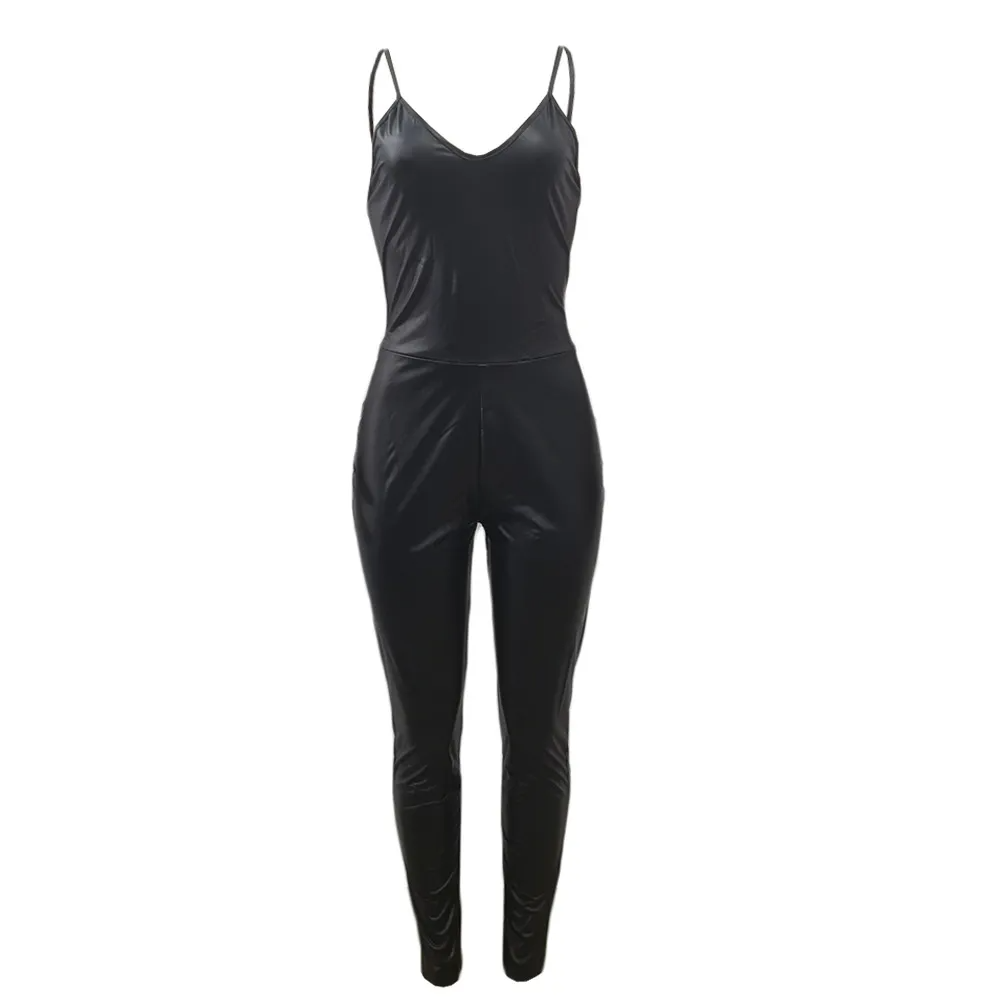 S-XL Sexy PU Leather Sleeveless Tight Sling Jumpsuits