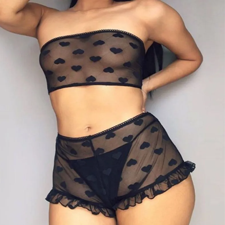 Women Sexy Mesh Perspective Heart-Shaped Lingerie