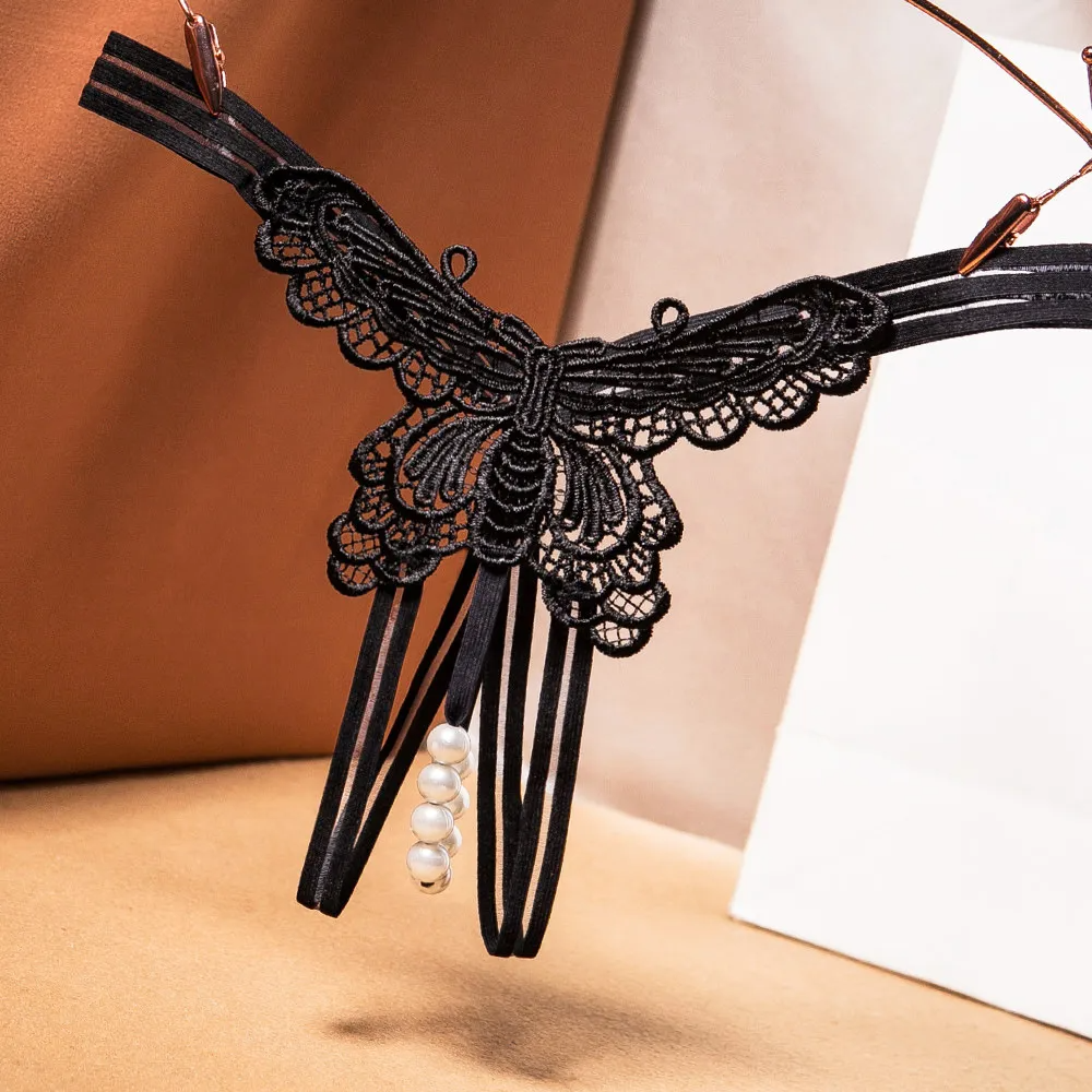 Women Fashion Sexy Butterfly Embroidered Pearl Open Underwear