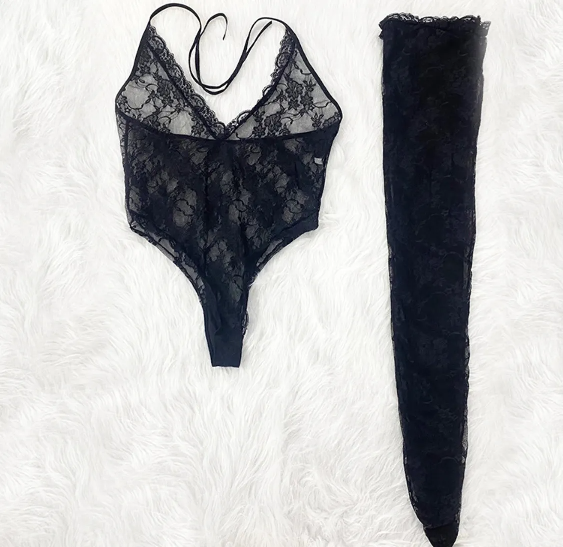 Women Fashion Sexy Deep VHalter Neck Sexy Underwear Stockings Set