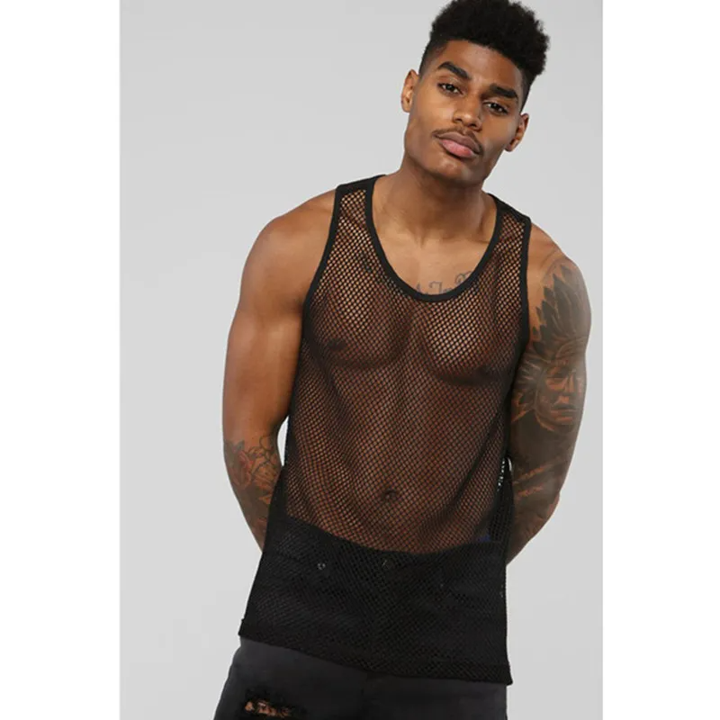 Solid Color Sexy Mesh Hollow Transparent Vest