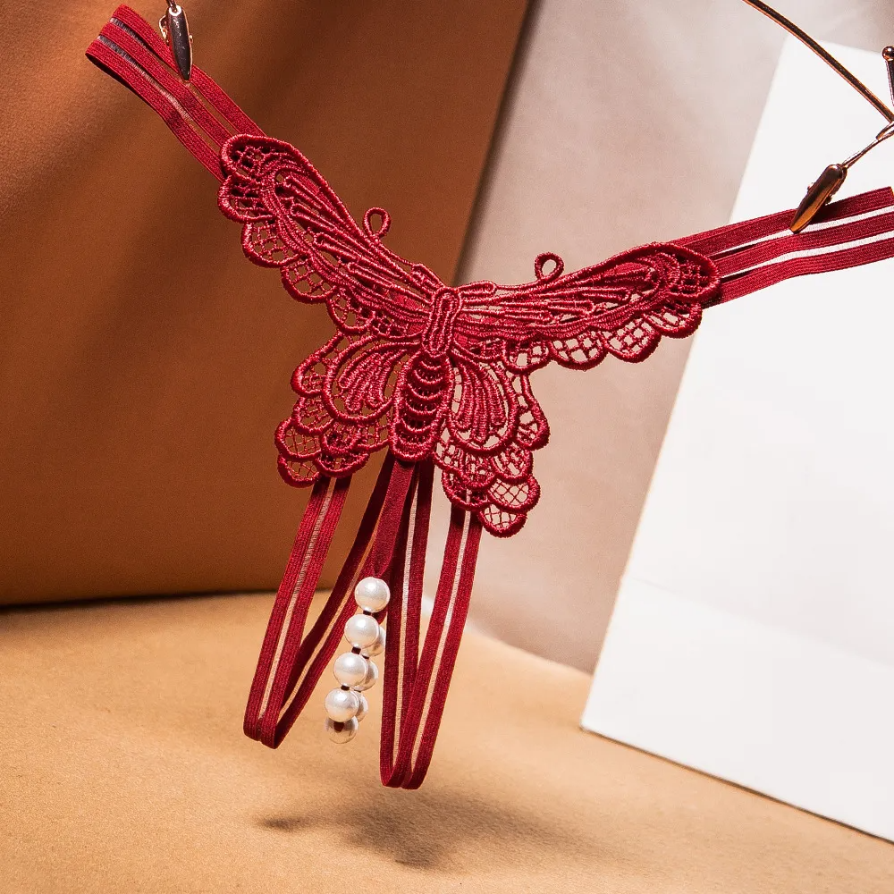 Women Fashion Sexy Butterfly Embroidered Pearl Open Underwear