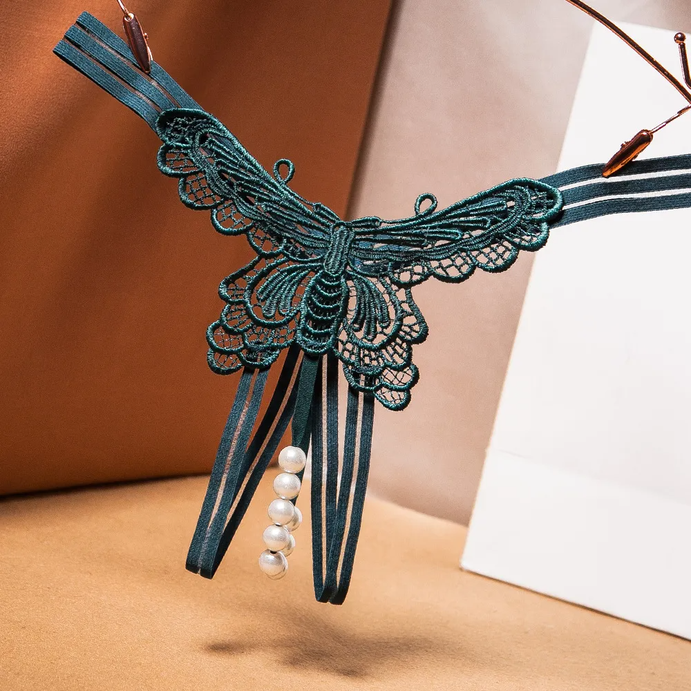 Women Fashion Sexy Butterfly Embroidered Pearl Open Underwear