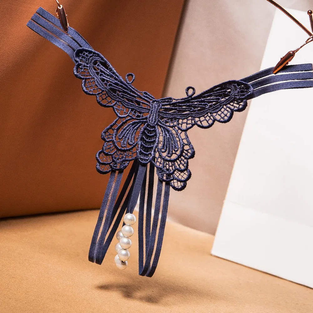 Women Fashion Sexy Butterfly Embroidered Pearl Open Underwear