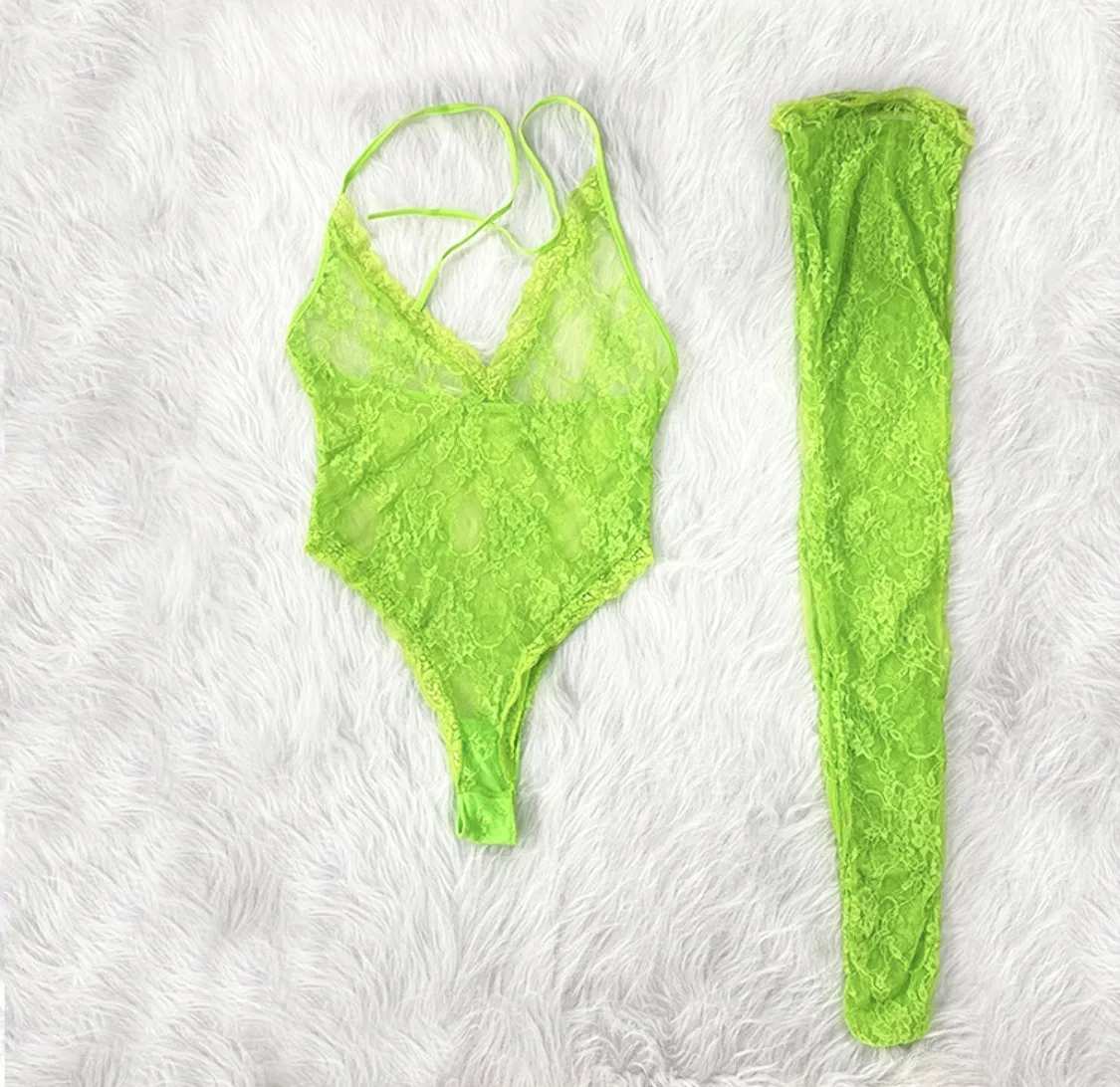 Women Fashion Sexy Deep VHalter Neck Sexy Underwear Stockings Set