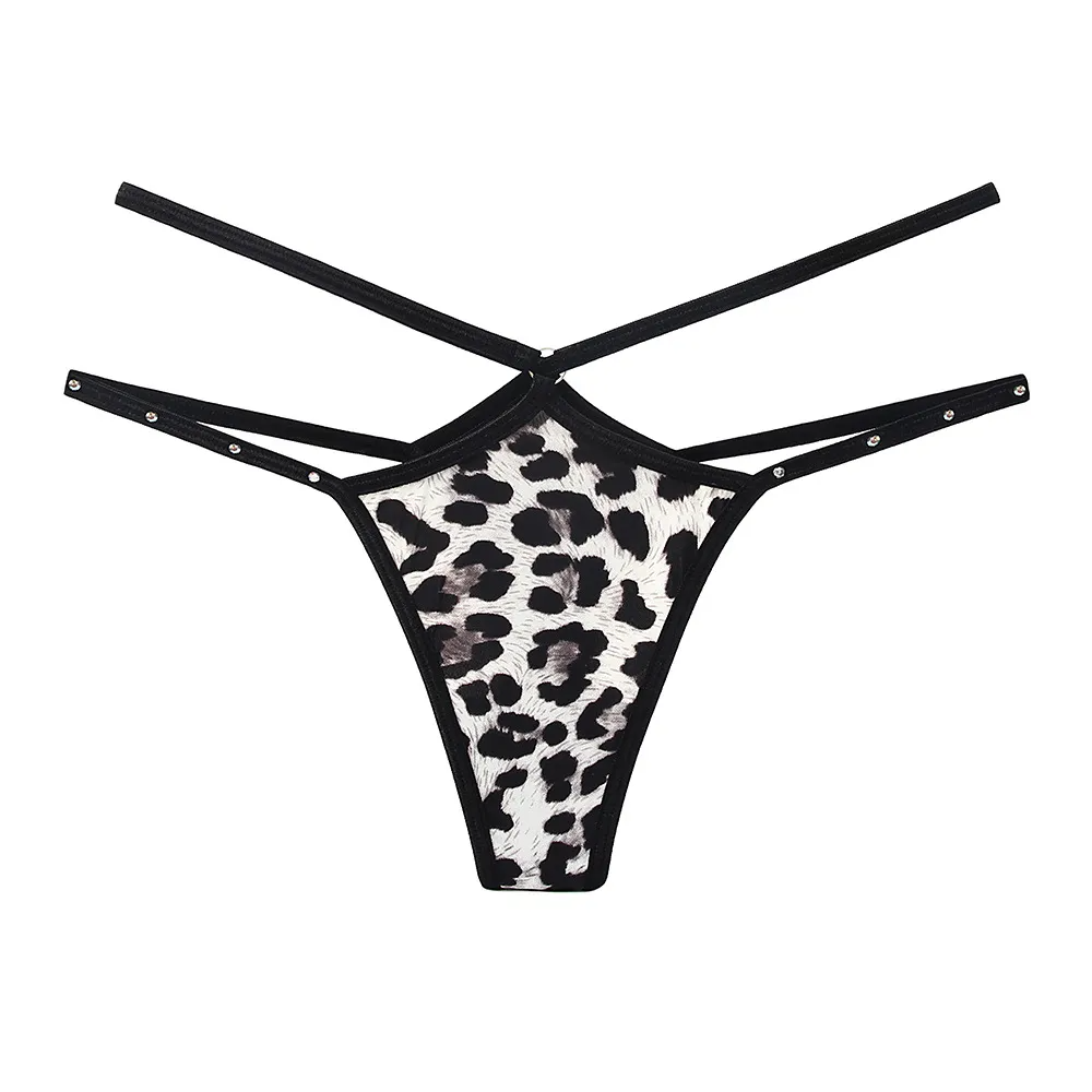 Women Fashion Sexy Leopard Rhinestone Ice Silk Hollow-Out Thong