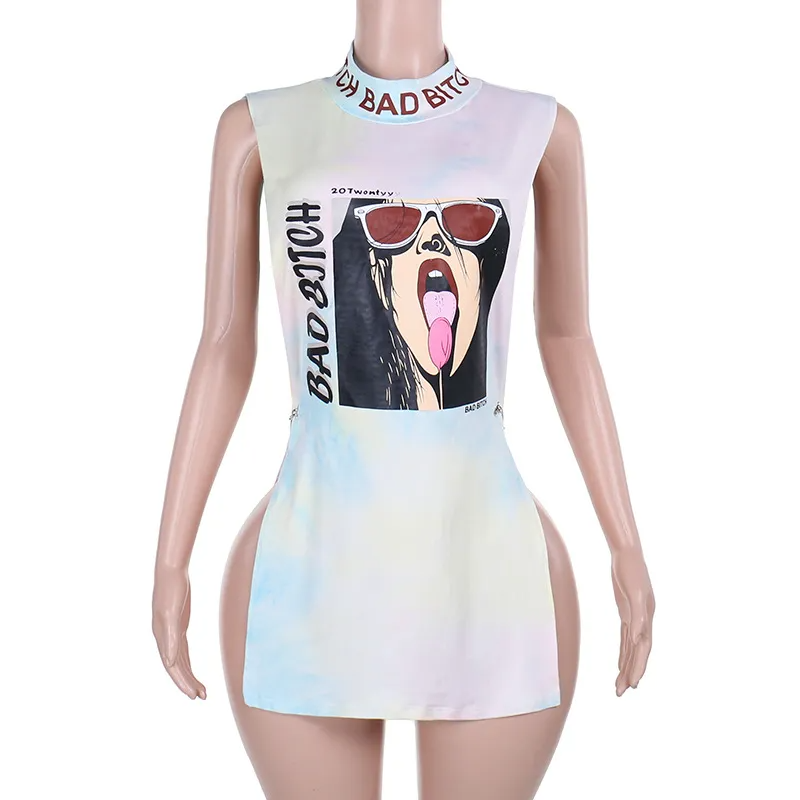 Half Neck Letter Graphic Printed Sexy Hollow Sleeveless Women T-Shirt Dress