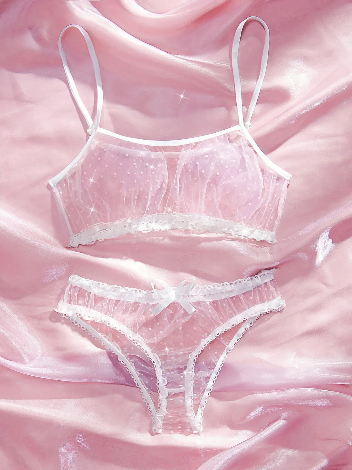 Women Fashion Sexy Perspective Polar Dot Mesh Bow Sexy Lingerie Set