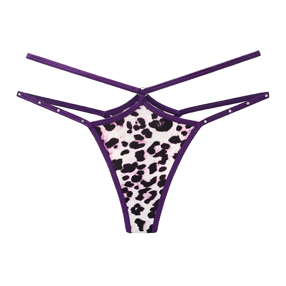 Women Fashion Sexy Leopard Rhinestone Ice Silk Hollow-Out Thong
