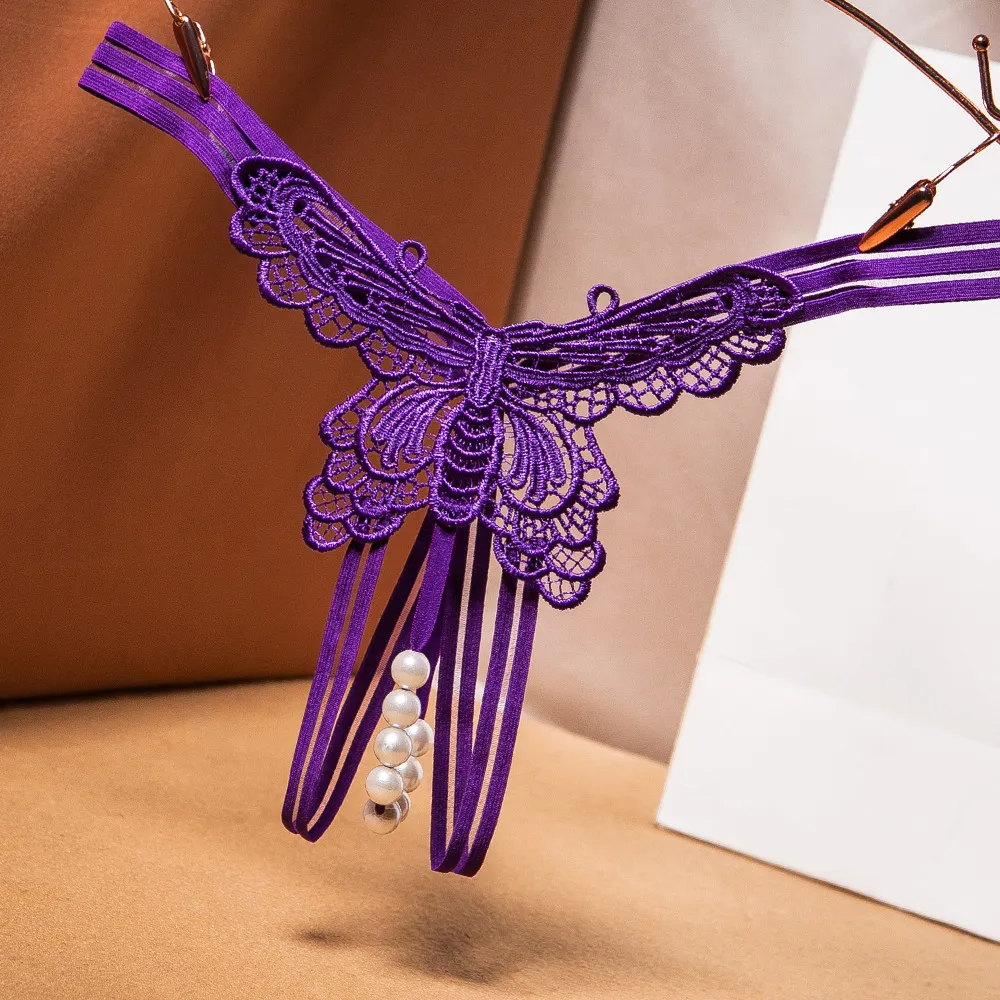 Women Fashion Sexy Butterfly Embroidered Pearl Open Underwear