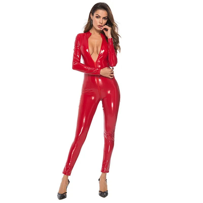 Women Basic Long Sleeves Zipper Solid Color Bodycon PU Leather Jumpsuits