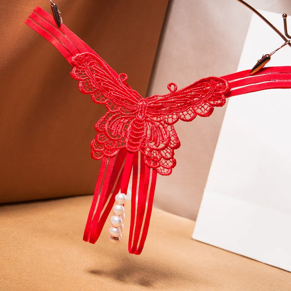 Women Fashion Sexy Butterfly Embroidered Pearl Open Underwear