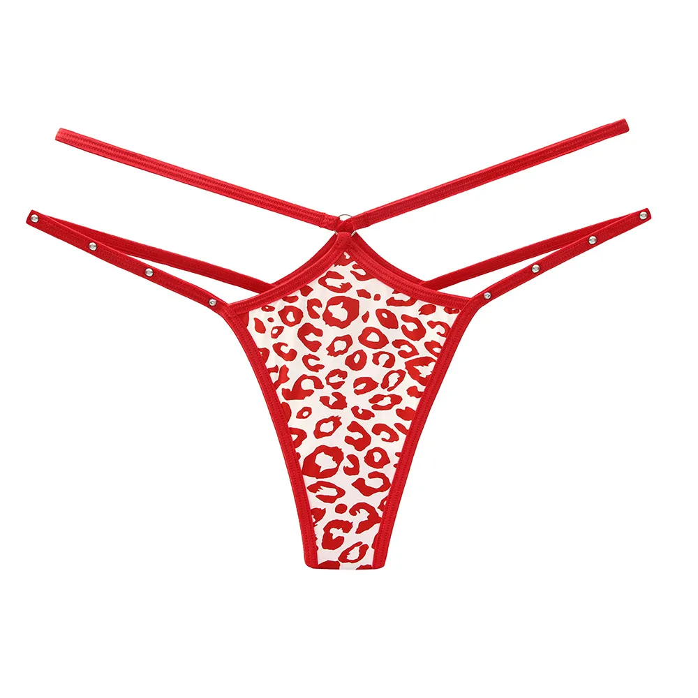 Women Fashion Sexy Leopard Rhinestone Ice Silk Hollow-Out Thong