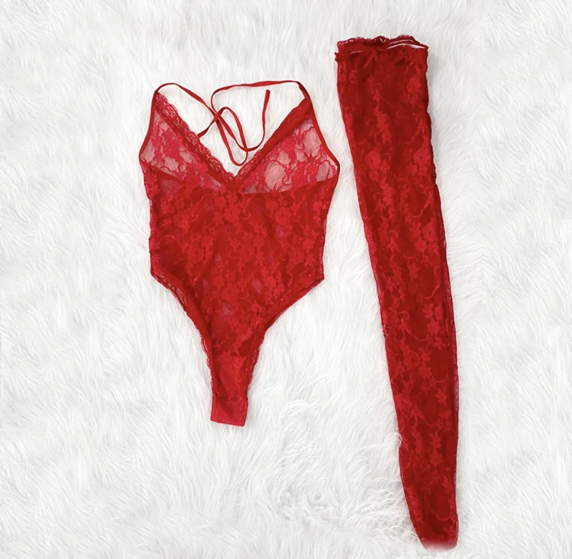 Women Fashion Sexy Deep VHalter Neck Sexy Underwear Stockings Set