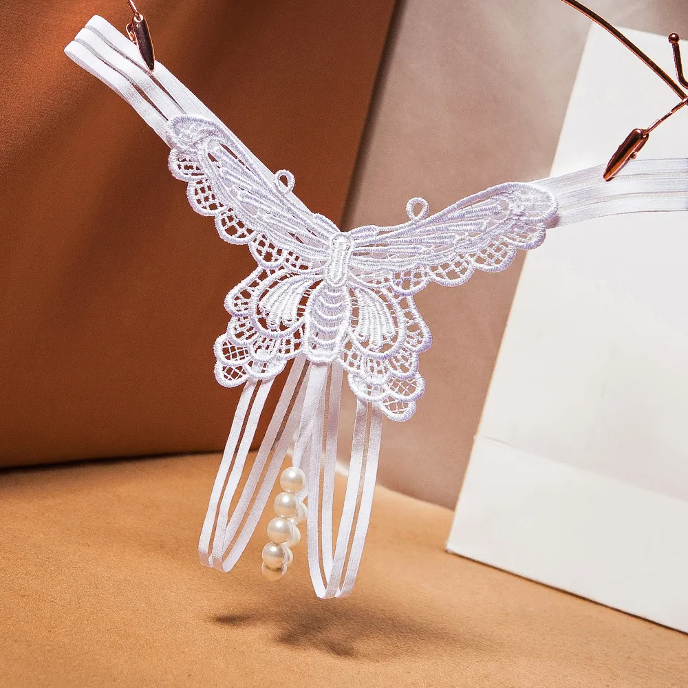 Women Fashion Sexy Butterfly Embroidered Pearl Open Underwear