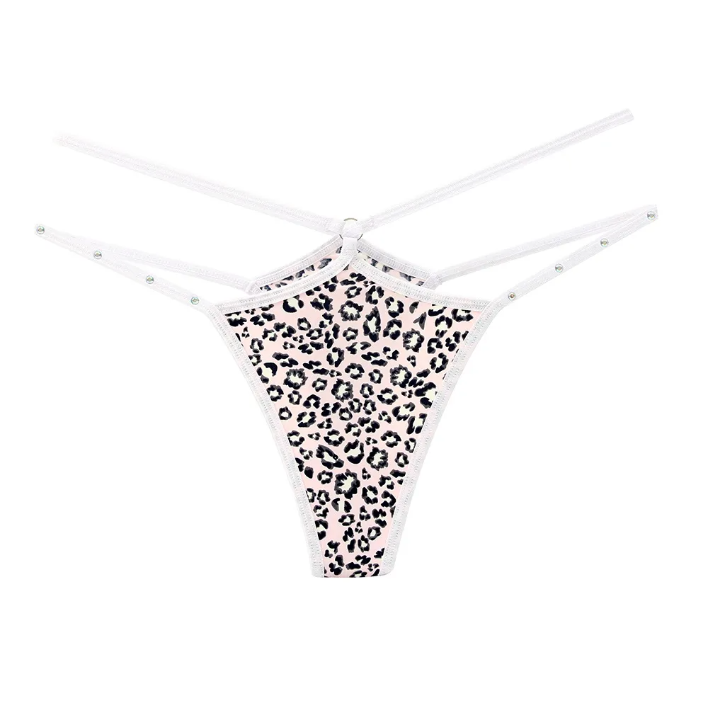 Women Fashion Sexy Leopard Rhinestone Ice Silk Hollow-Out Thong