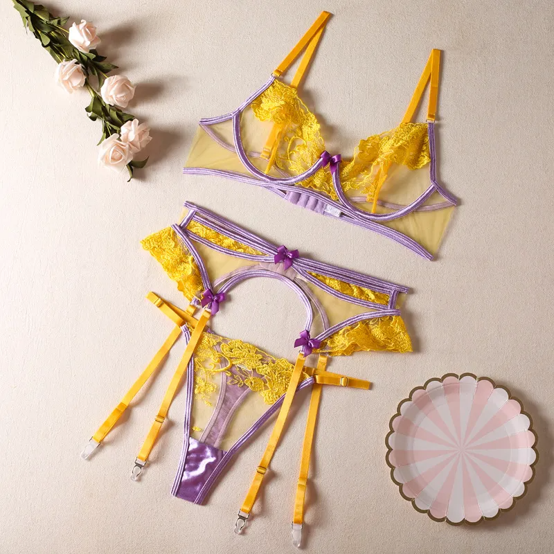 Women Fashion Sexy Perspective Floral Embroidered Bra Panties Sling Set