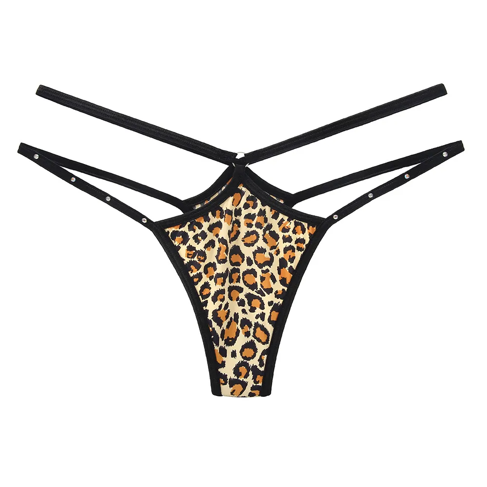 Women Fashion Sexy Leopard Rhinestone Ice Silk Hollow-Out Thong