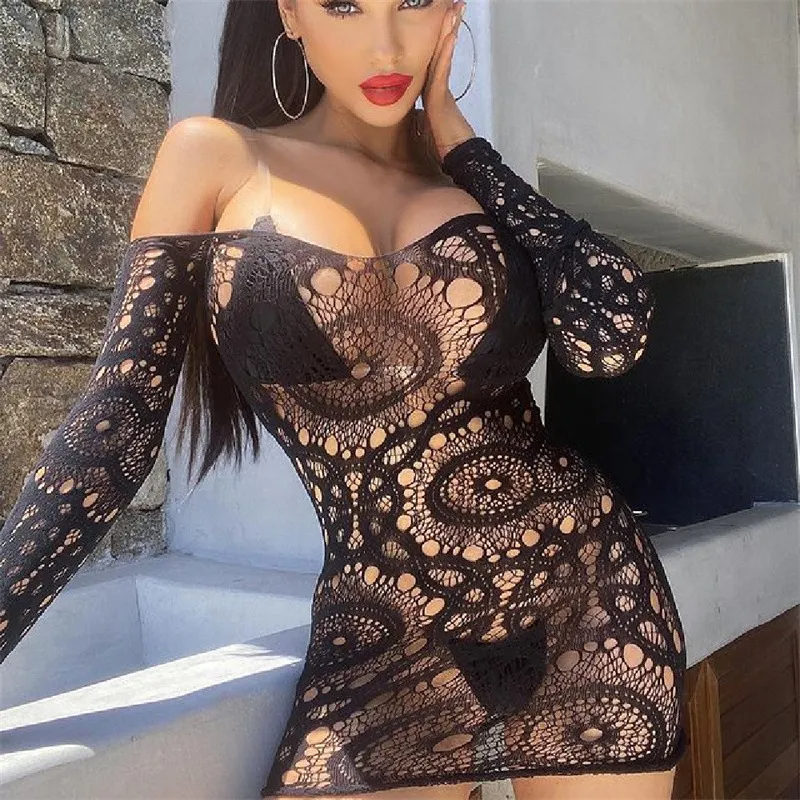 Women Fashion Sexy Off Shoulder Perspective Hollow Long Sleeve Sexy Dress