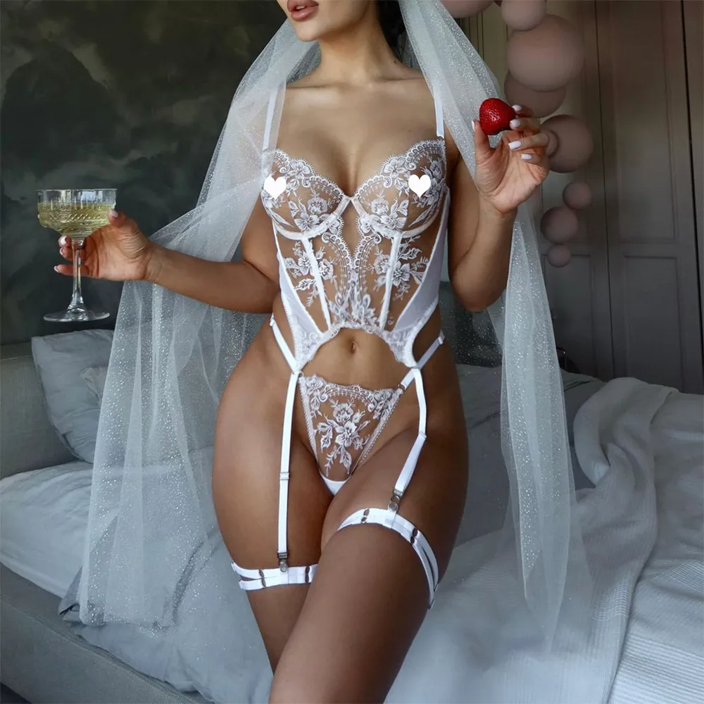 Women Sexy Fish Bone Sling Lingerie Three-Piece Set