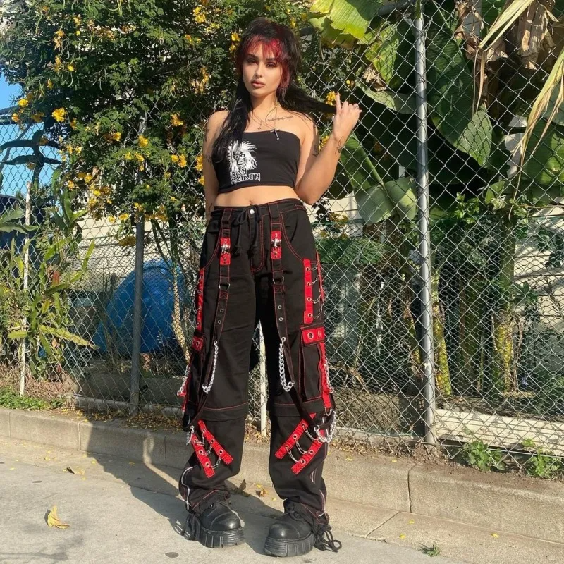 Black Women Personality Gothic Style Loose Casual Chain Pants