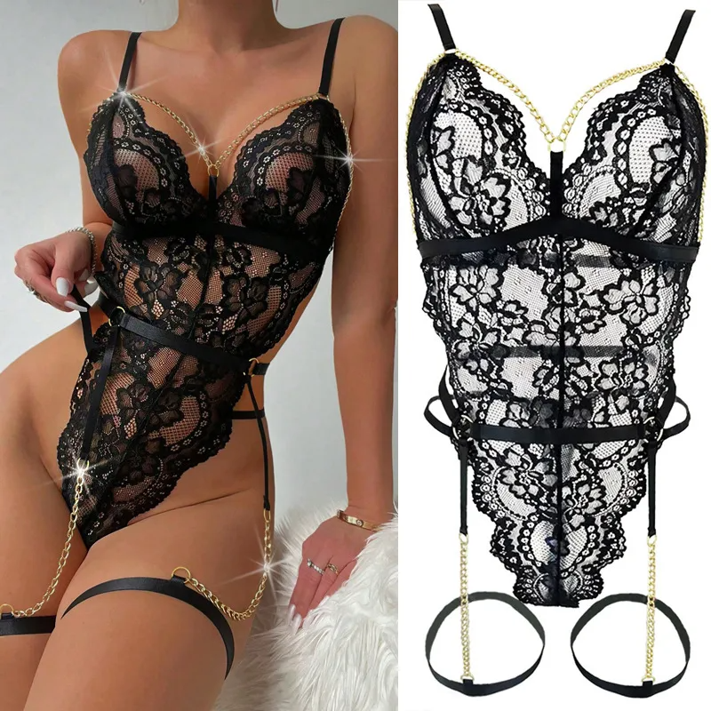 Women Sexy Lace Perspective Chain Lingerie