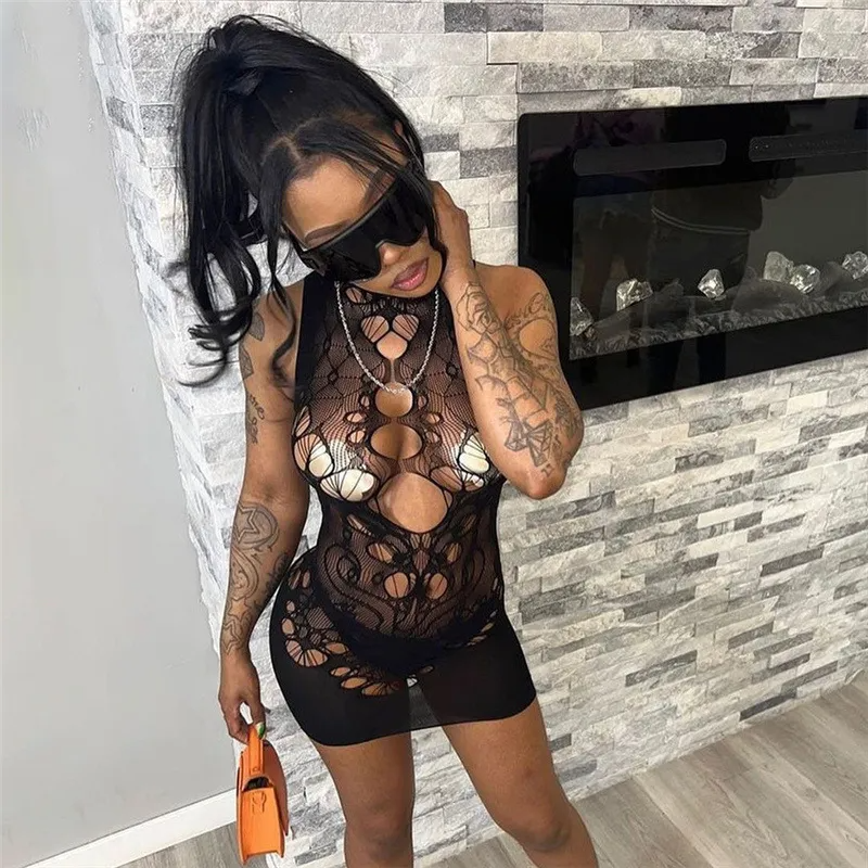 Nightclub Women Sexy Round Neck Jacquard Mesh High Waist Tight Solid Color Tight Dress