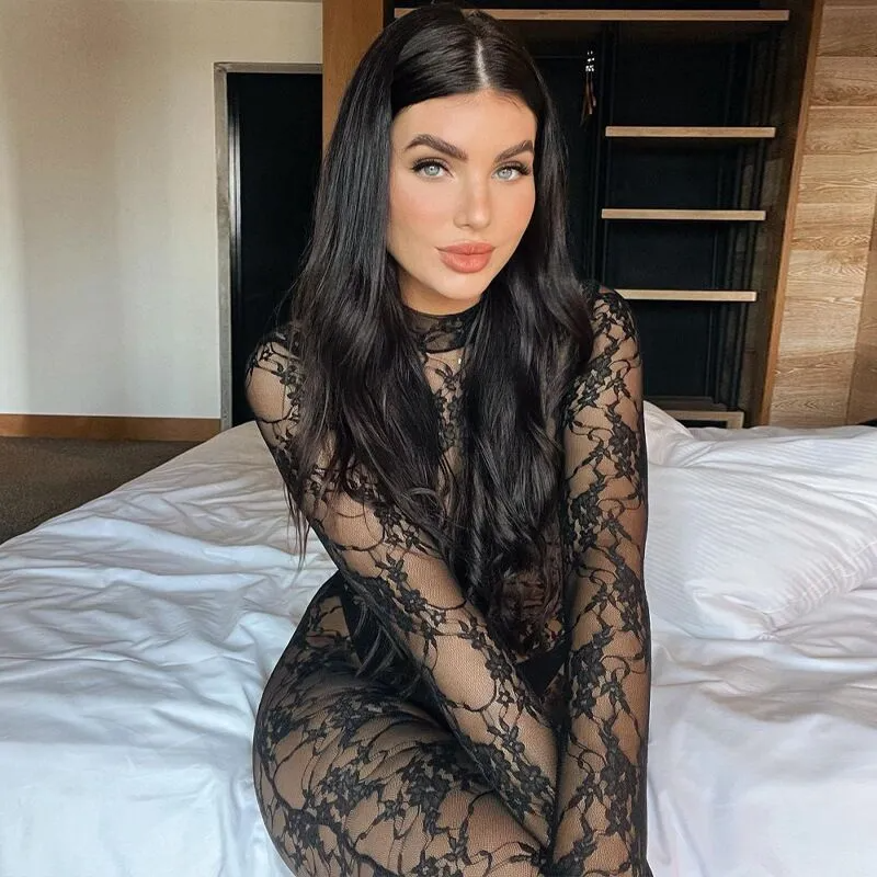 Women Sexy Tight Lace Mesh See-Through Long Sleeve Jumpsuits
