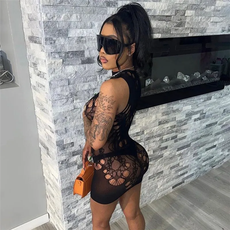 Nightclub Women Sexy Round Neck Jacquard Mesh High Waist Tight Solid Color Tight Dress