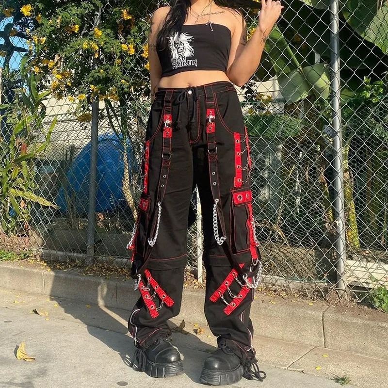 Black Women Personality Gothic Style Loose Casual Chain Pants