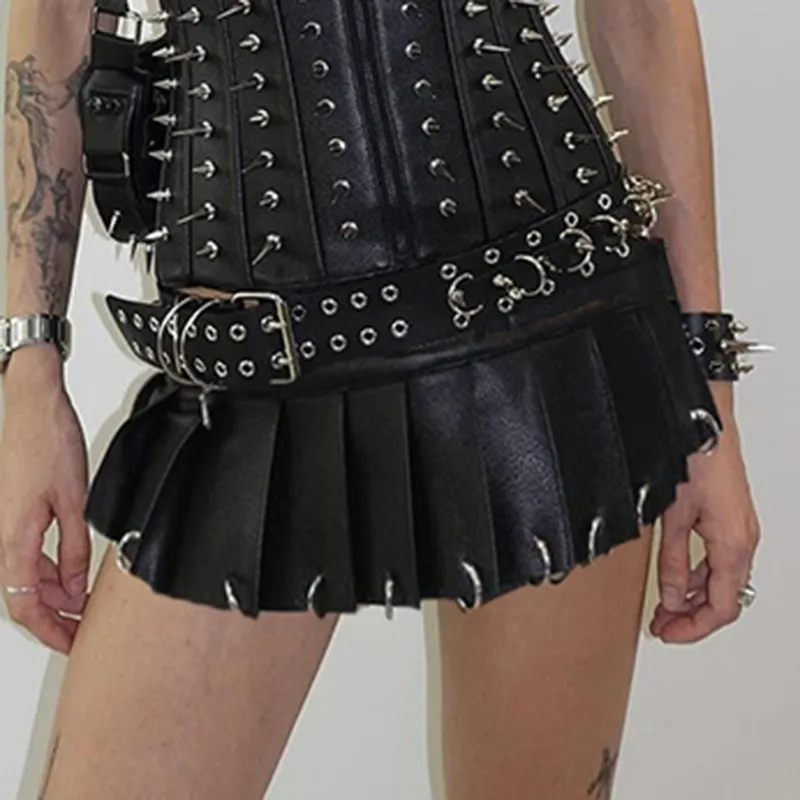 Free Size Women Gothic Fashion PU Punk Pleated Skirt