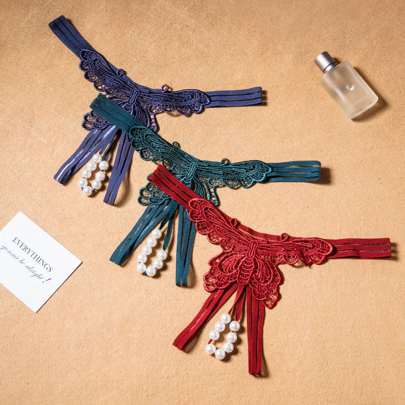 Women Fashion Sexy Butterfly Embroidered Pearl Open Underwear