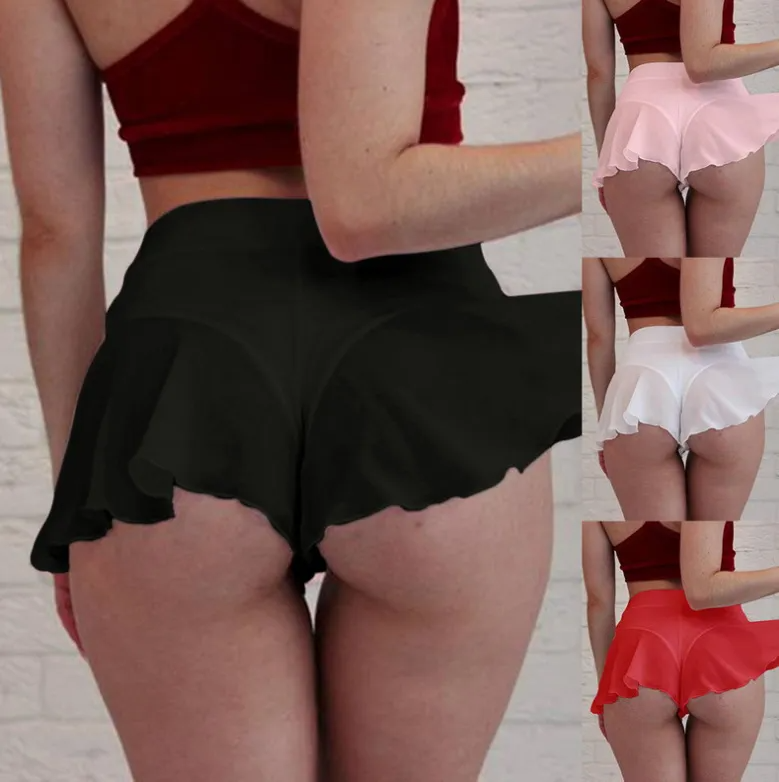 Women Solid Color High Waist Ruffled Transparent Fitness Sexy Mini Skirt Panties
