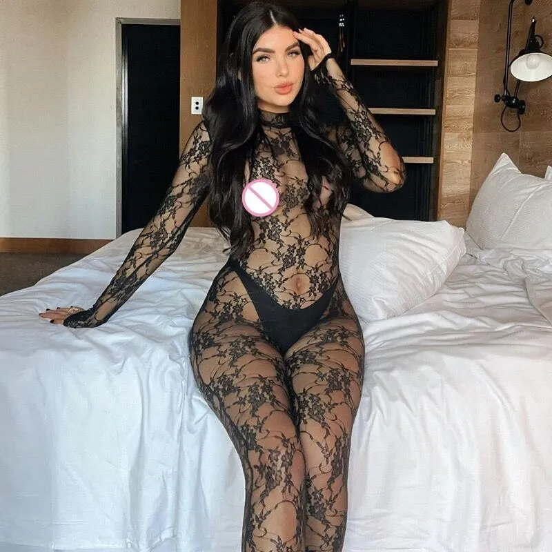 Women Sexy Tight Lace Mesh See-Through Long Sleeve Jumpsuits