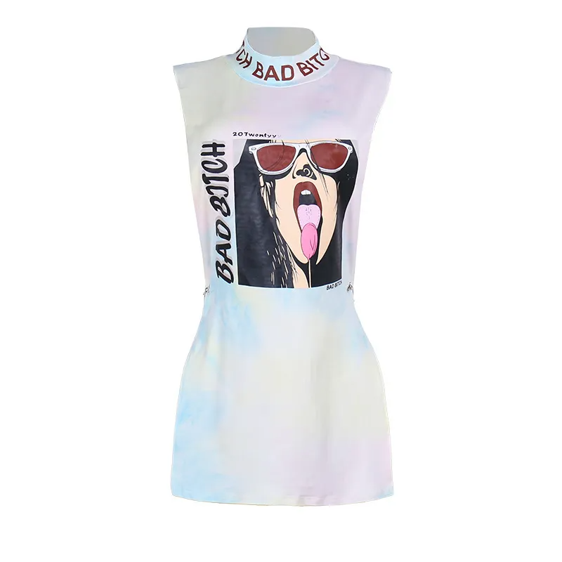 Half Neck Letter Graphic Printed Sexy Hollow Sleeveless Women T-Shirt Dress