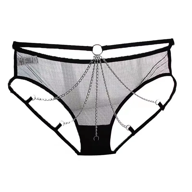 Women Sexy Temptation Metal Chain Black Hollow Low Waist Panties