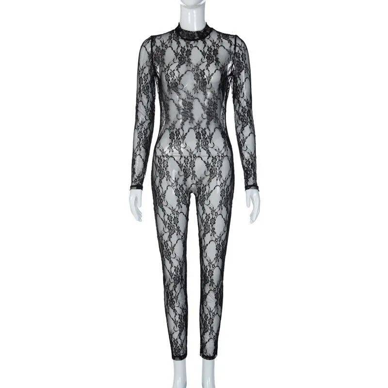 Women Sexy Tight Lace Mesh See-Through Long Sleeve Jumpsuits