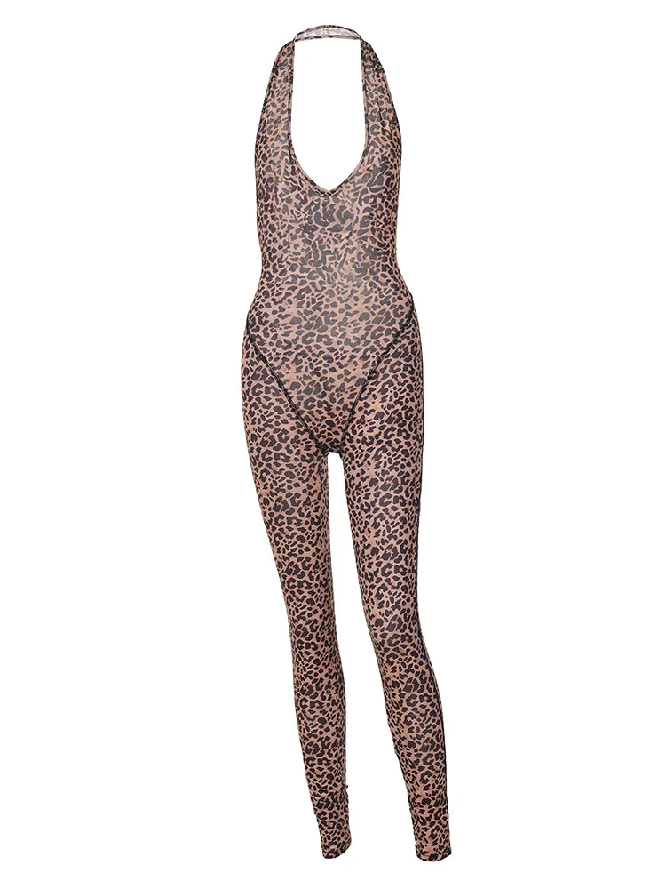 Women Summer Leopard Printed Sexy V-Neck Backless Slim Halter Neck Jumpsuits